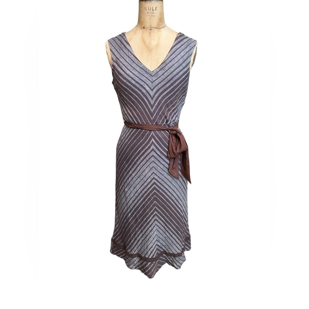 Sundance Striped V-Neck Midi Dress in Silver and Brown